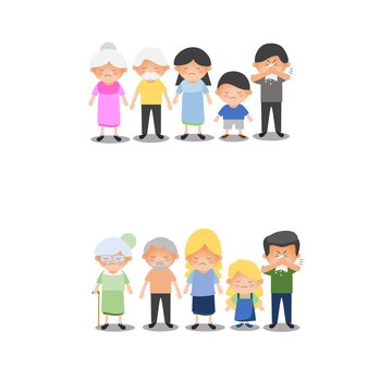 Cold and flu season vector cartoon illustration. Sick family with cat, dog and medicine pills and food. Ill people character isolated on background.