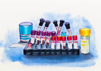 Laboratory test tubes with blood and biomaterial. Watercolor. - 333713596