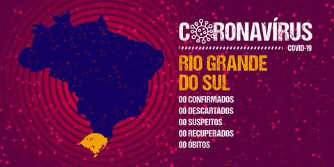 Infographics for epidemic progression in the state of Rio Grande do Sul, Brazil. Text in brazilian portuguese saying  "coronavirus, confirmed, discarded, suspect, recovered, deaths".