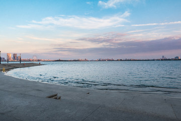 Residential apartment buildings in modern recreation area with cascade of lakes, Gomel, Belarus