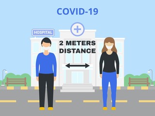 coronavirus covid-19 related girl and boy made two meter distance with hospital background vectors illustration in flat style,