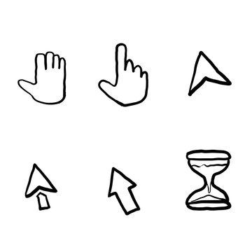 hand drawn Pointer cursor icons. Web arrows cursors, mouse clicking and grab hand pixel icon. Computer pointers, internet cursor click.doodle