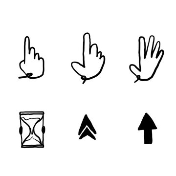 hand drawn Pointer cursor icons. Web arrows cursors, mouse clicking and grab hand pixel icon. Computer pointers, internet cursor click.doodle