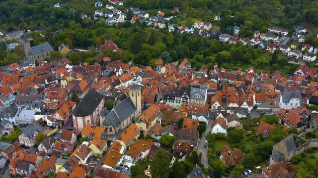 Aerial view of the old town of the city Kronberg in Germany. On a cloudy day in autumn.