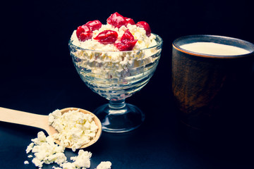 Curd in a glass plate and milk