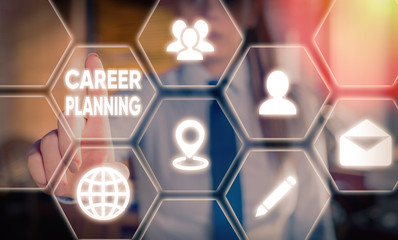 Text sign showing Career Planning. Business photo showcasing Strategically plan your career goals and work success