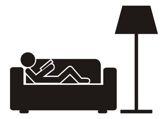 person on sofa, relaxing near book, vector icon