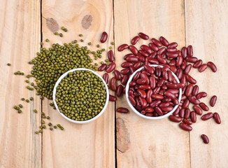 Mung beans and Grains Red bean in wood background