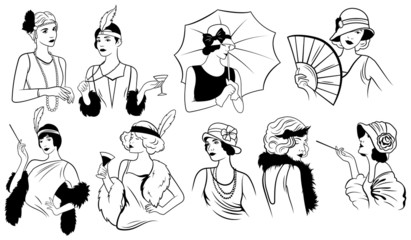 Set of women in art deco style. Collection of trends of female retro fashion of the twenties. Vector illustration of beautiful women in retro style. © Igor