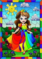 Obraz na płótnie Canvas Illustration in stained glass style with a cute Princess on a background of flowers and Sunny sky, in bright frame