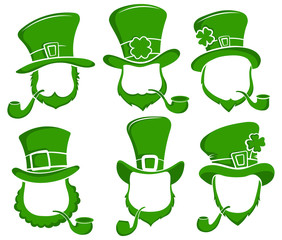 Set of head of leprechaun with a pipe and hat. Collection of  green leprechaun face symbol of  St. Patrick's Day. Holidays in Ireland. Vector illustration isolated on a white background.