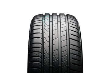 new summer tire on a black background, front view. isolate on a white background