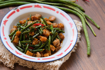traditional indonesian food. asian culinary oseng tempe mixed with long beans