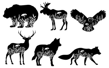 Set of stylized nature animals. Collection of animal silhouettes with a flowers. Logos of wild animals. Tattoo. Vector illustration for children.