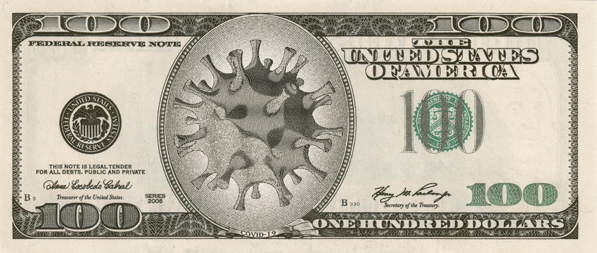 Coronavirus in the USA. Montage of a banknote of 100 US dollars with a virus image instead of a portrait. A global threat to the global economy from an outbreak of coronavirus and a pandemic. 3D.