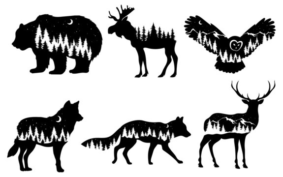 Set of stylized nature animals. Collection of animal silhouettes with a forest. Logos of wild animals. Tattoo. Vector illustration for children.