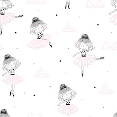 Cute hand drawn with cute little girl ballerina vector seamless pattern illustration © iryna_boiko