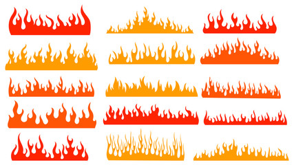 Set of fires. Collection of fire walls. Illustration of a burning strip. Flame drawing. Flaming wall. Vector illustration on white background. © Igor