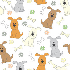 Childish seamless pattern with cute dogs. Isolated on white background.