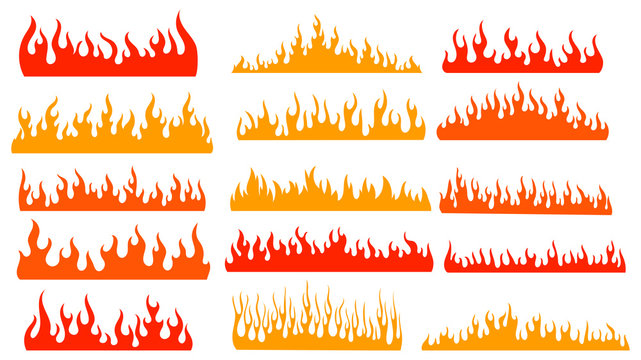 Set of fires. Collection of fire walls. Illustration of a burning strip. Flame drawing. Flaming wall. Vector illustration on white background.