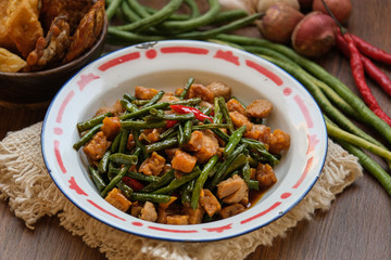 traditional indonesian food. asian culinary oseng tempe mixed with long beans
