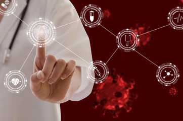 female doctor with stethoscope hand pointing touching data visual digital icon hologram with group of virus cells, coronavirus 2019 outbreak (covid19) in red background, medical technology concept