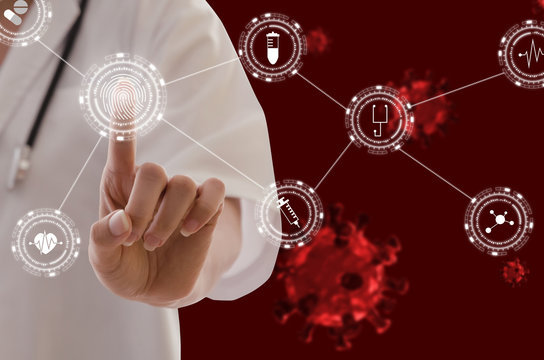 female doctor with stethoscope hand pointing touching data visual digital icon hologram with group of virus cells, coronavirus 2019 outbreak (covid19) in red background, medical technology concept