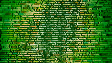 Green color background. Software developer programming code. Abstract computer script code.