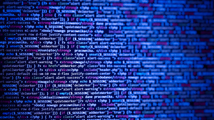 PHP in editor for website development. Coding script text on screen. Computer science lesson.