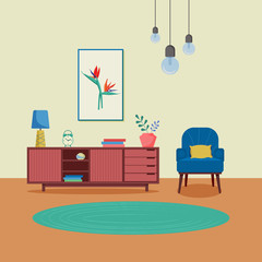 Living room interior with furniture, houseplants and home decorations. Apartment decorated cozy style. Flat cartoon vector illustration.