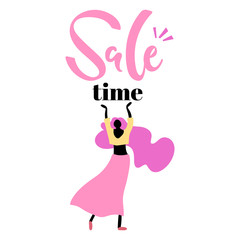 Vector illustration, flat cartoon woman with long pink hair raising hands up and "Sale time" lettering.