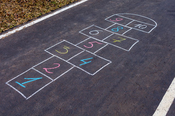 Hopscotch game drawn with chalk on the asphalt