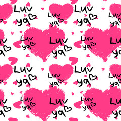 Fototapeta na wymiar Pink hearts cute trendy seamless pattern with texture and hand drawn black 