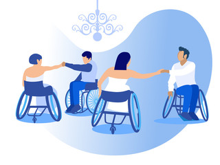 Disabled People in Wheelchair Dancing Cartoon. Hobbies and Interests for Handicapped Person. Romantic Relationships and Marriage of Human with Physical Disorders. Vector Flat Illustration