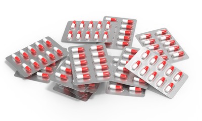 Bunch of pill blisters. Medicine concept. Red pills drugs. Vitamins template. 3d render isolated on white