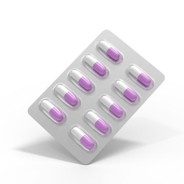 Flying pill blister template. Antibiotic capsules concept. 3d render isolated on white