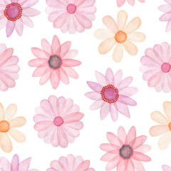 Obraz na płótnie Canvas Seamless watercolor pattern of pink daisies on a white background.