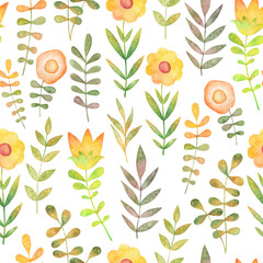 Seamless watercolor pattern of yellow and orange flowers with leaves on a white background.