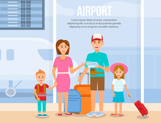 Airport Horizontal Banner with Copy Space. Family Travel with Children. Parents and Kids at Airport Fly Away for Vacation. Father, Mother, Daughter and Son Travelling. Cartoon Flat Vector Illustration