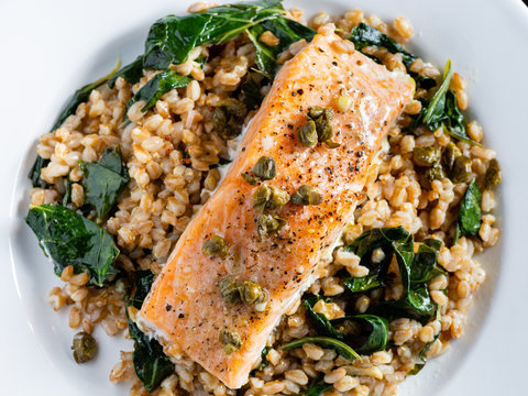 Salmon Over Farro And Greens