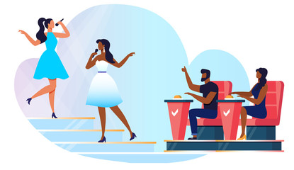Amateur Singing Competition Vector Illustration. Talented Singers and Judges Sitting in Armchairs Cartoon Characters. Women in Fashionable Dresses with Microphones. Young Duet Performance