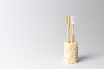 Two toothbrushes made of natural wood are inserted into the natural ecological loofah. on white background. - obrazy, fototapety, plakaty