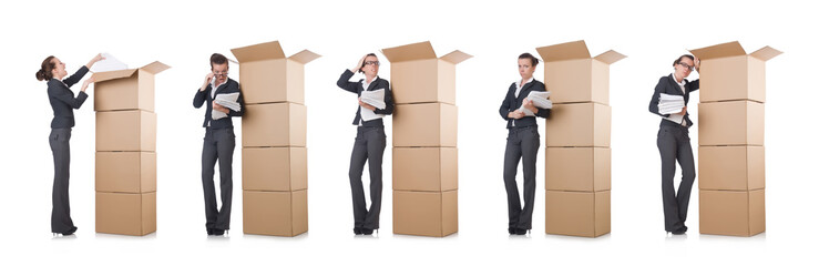 Woman businesswoman with boxes on white