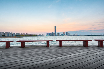 Obraz premium empty brick road nearby office building,china