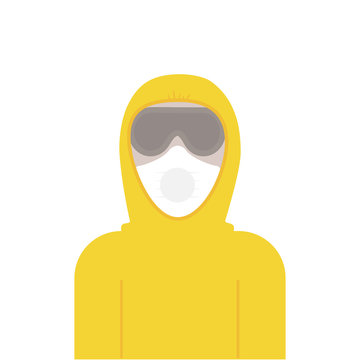 1Vector illustration of a man in a yellow protective chemical suit, mask and glasses, health protection, coronavirus