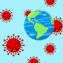 Pixel art vector Coronavirus Bacteria Cell Icon and Earth, 2019-nCoV COVID-19. Pixel art 8 bit virus. 