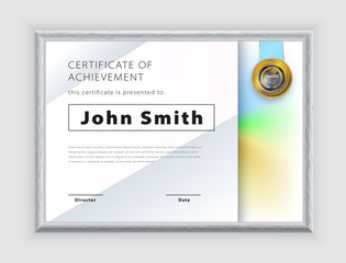 Official white certificate with green blue design elements. Modern blank with gold emblem. Vector illustration. Grey realistic border