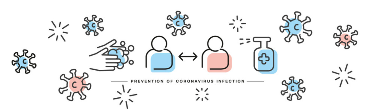 Prevention of Corona virus Covid 19 infection handwritten line design info graphic white isolated background banner