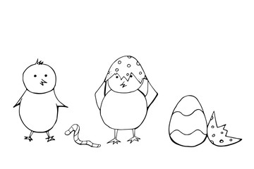 Easter set. Vector hand drawn doodle sketch black chick isolated on white background. 