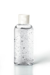Small bottle of instant antiseptic antibacterial hand sanitizer transparent alcohol gel isolated on white background, no label. 